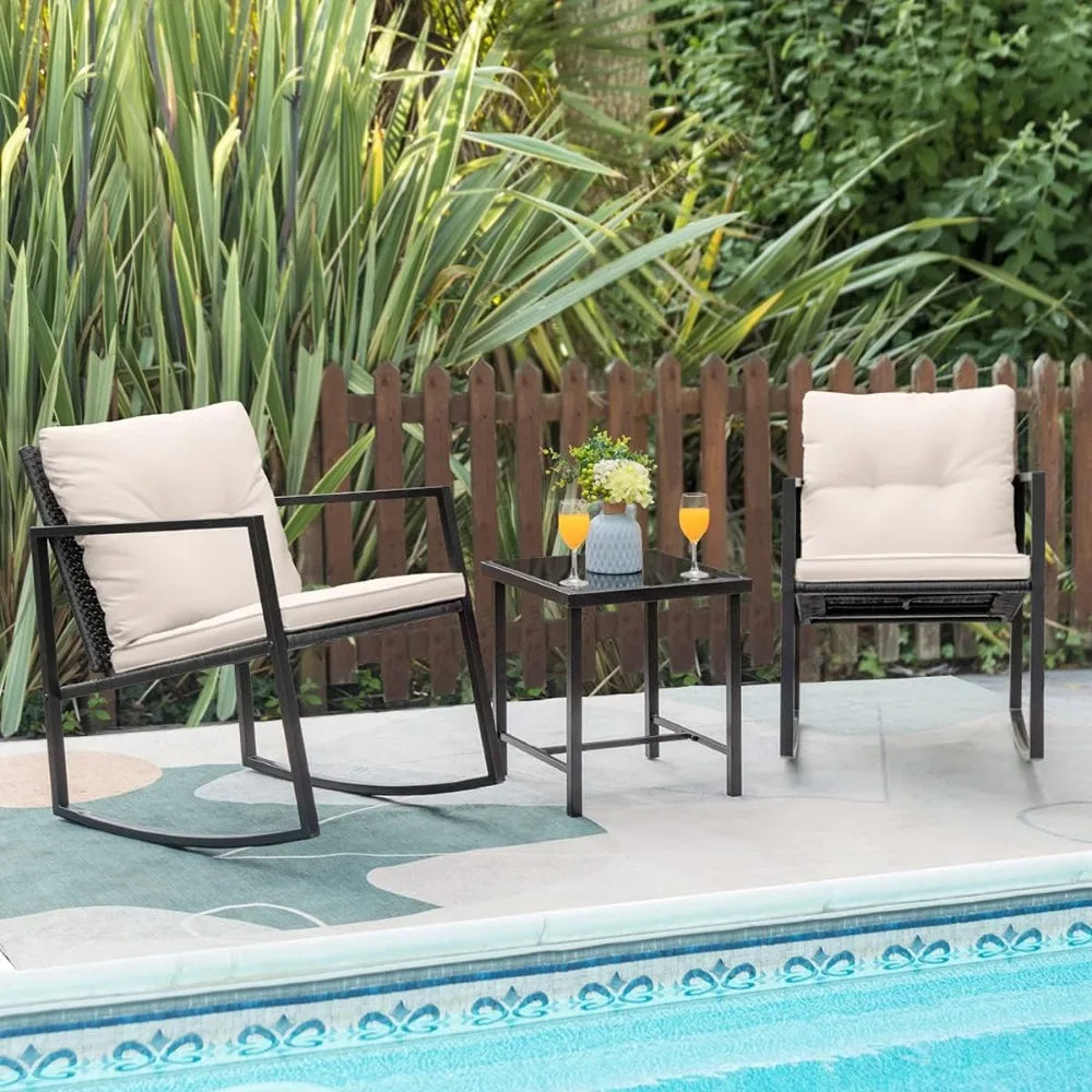 Rocking Wicker Bistro Set, Patio Outdoor Furniture Conversation Sets with Porch Chairs